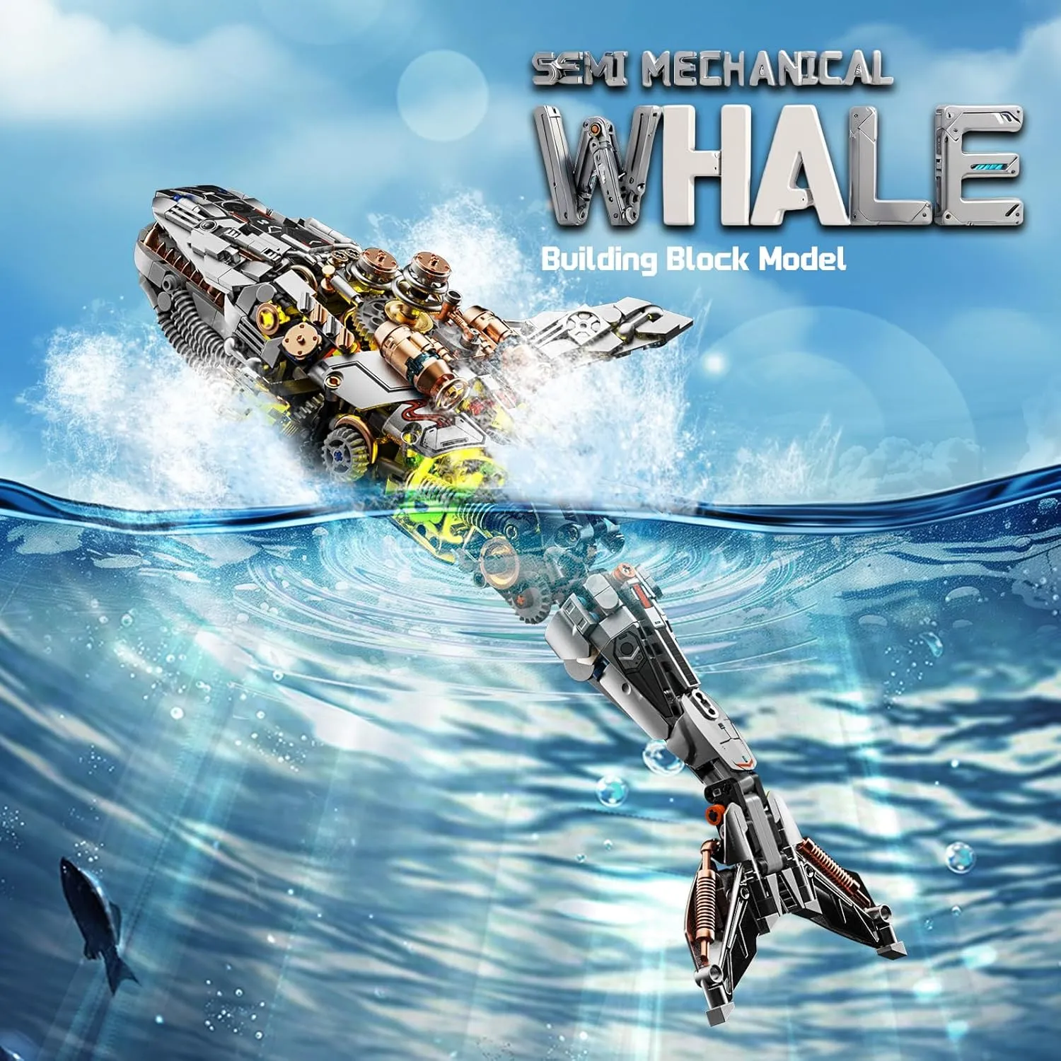 Mechanical Whale Building Set with Light, Sea Animal Building Block Toy, Movable Ocean Animal with Display Stand, Home Decor Gift for Adults Teens Kids Boys（1388PCS）