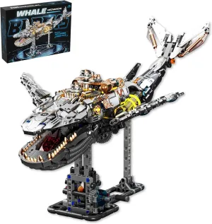 Mechanical Whale Building Set with Light, Sea Animal Building Block Toy, Movable Ocean Animal with Display Stand, Home Decor Gift for Adults Teens Kids Boys（1388PCS）