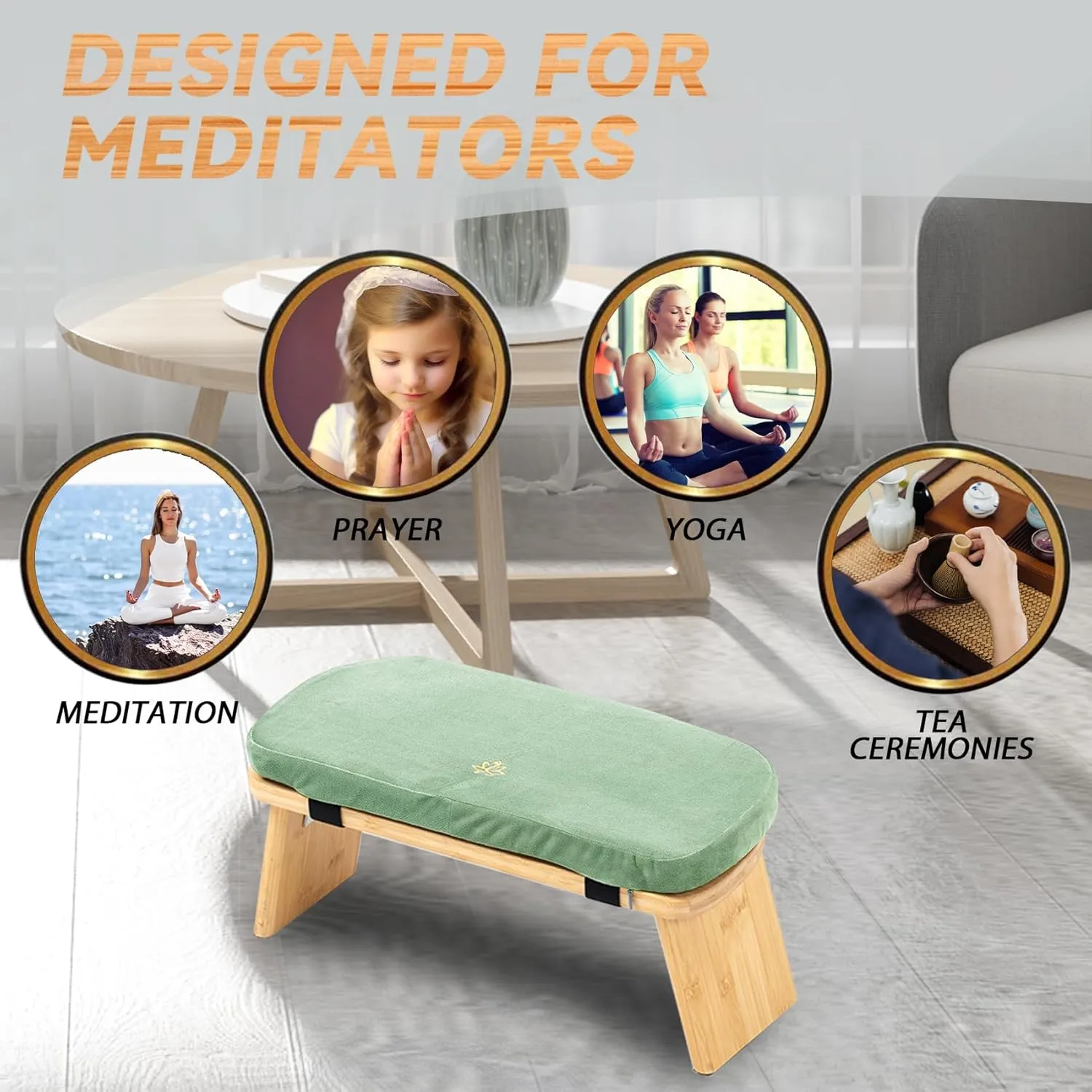 Meditation Bench, Bamboo Meditation Stool, Folding Kneeling Meditation Bench, Seiza Prayer Bench, Prayer Bench with Meditation Cushion, Kneeling Stool (Green)