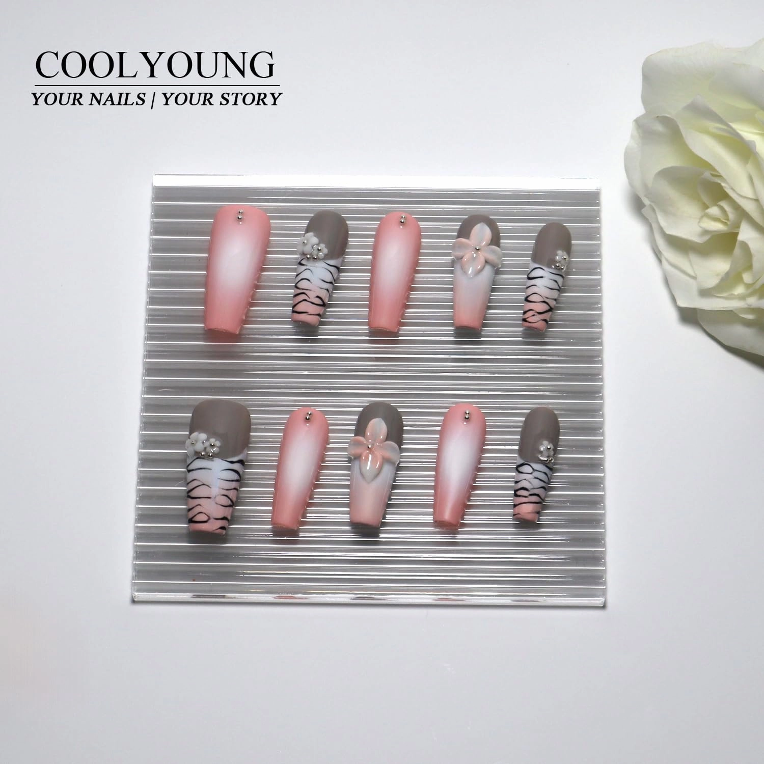 Medium Coffin Press On Nails, 3D Nail Art, Infatuation, Floral Press On Nails, Coquette Nails, 10 Pieces Press On Acrylic Nails with 1 Storage Bag and Gel Nail Kit