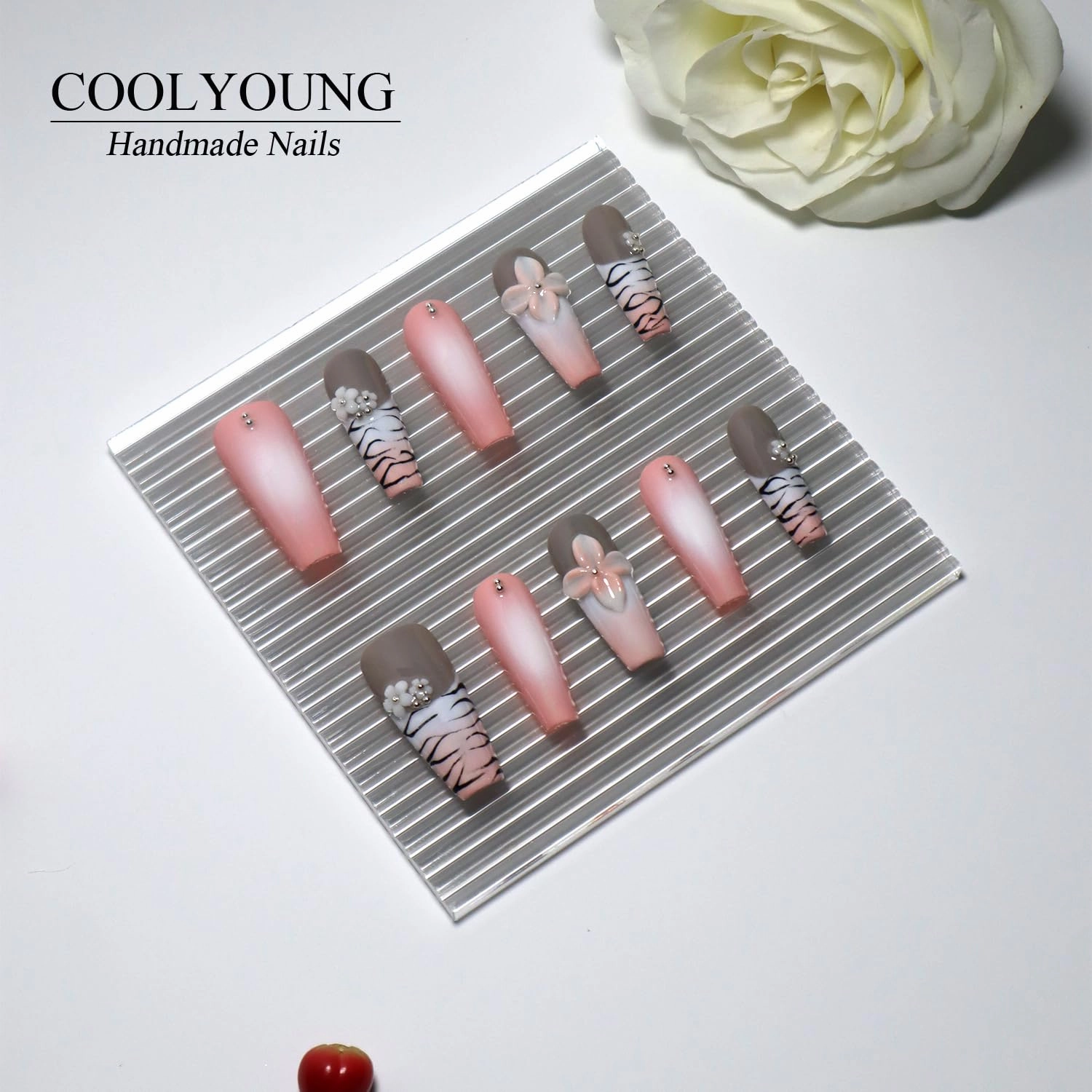Medium Coffin Press On Nails, 3D Nail Art, Infatuation, Floral Press On Nails, Coquette Nails, 10 Pieces Press On Acrylic Nails with 1 Storage Bag and Gel Nail Kit