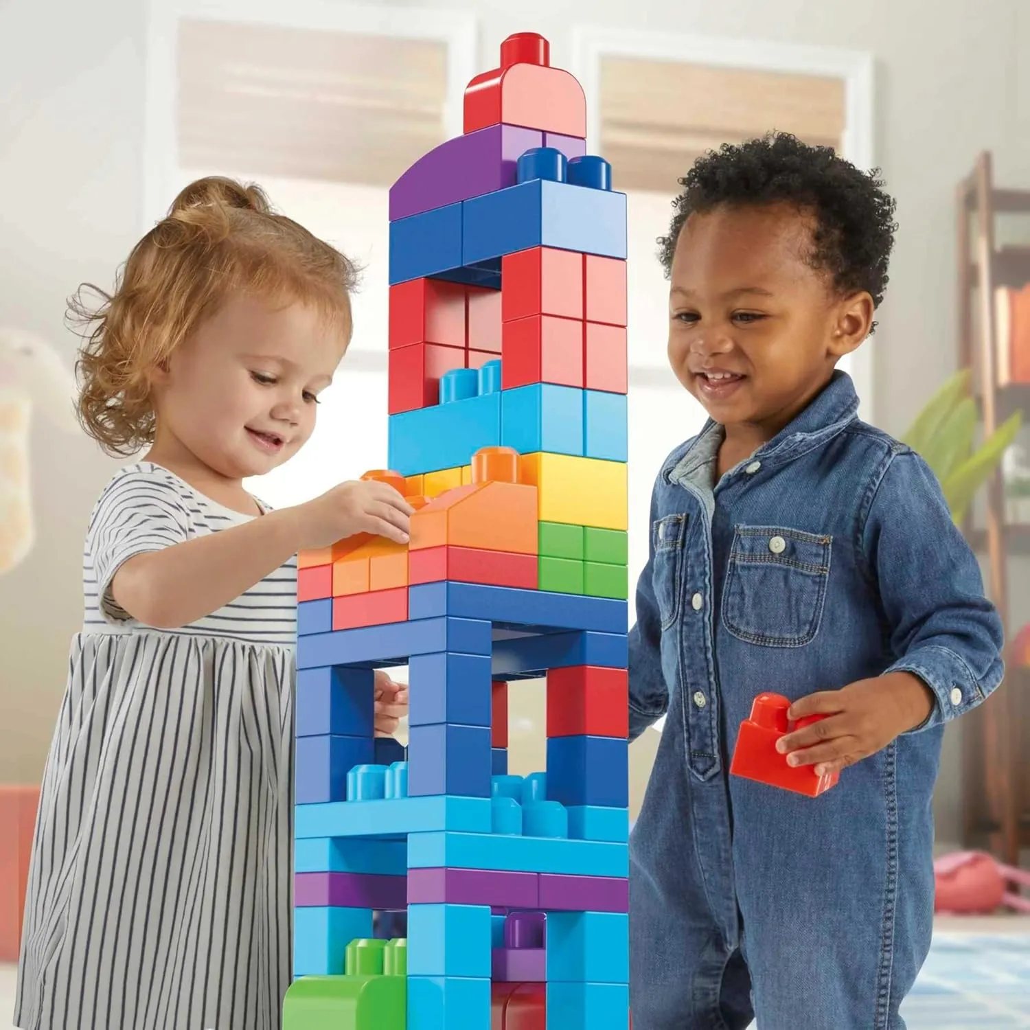 MEGA BLOKS First Builders Toddler Blocks Toys Set, Big Building Bag with 80 Pieces and Storage, Blue, Ages 1  Years