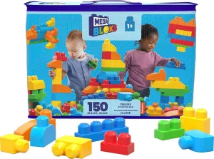 MEGA BLOKS First Builders Toddler Blocks Toys Set, Deluxe Building Bag with 150 Pieces and Storage, Blue, Ages 1  Years