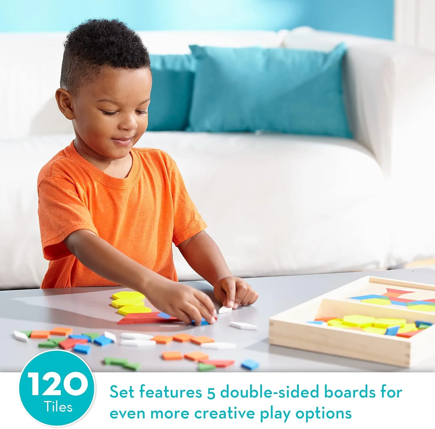Melissa & Doug Pattern Blocks and Boards - Wooden Classic Toy With 120 Solid Wood Shapes and 5 Double-Sided Panels, Multi-colored - STEAM Animals, Tangrams Puzzle For Kids Ages 3 