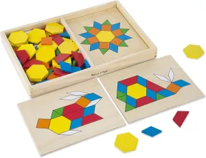 Melissa & Doug Pattern Blocks and Boards - Wooden Classic Toy With 120 Solid Wood Shapes and 5 Double-Sided Panels, Multi-colored - STEAM Animals, Tangrams Puzzle For Kids Ages 3 