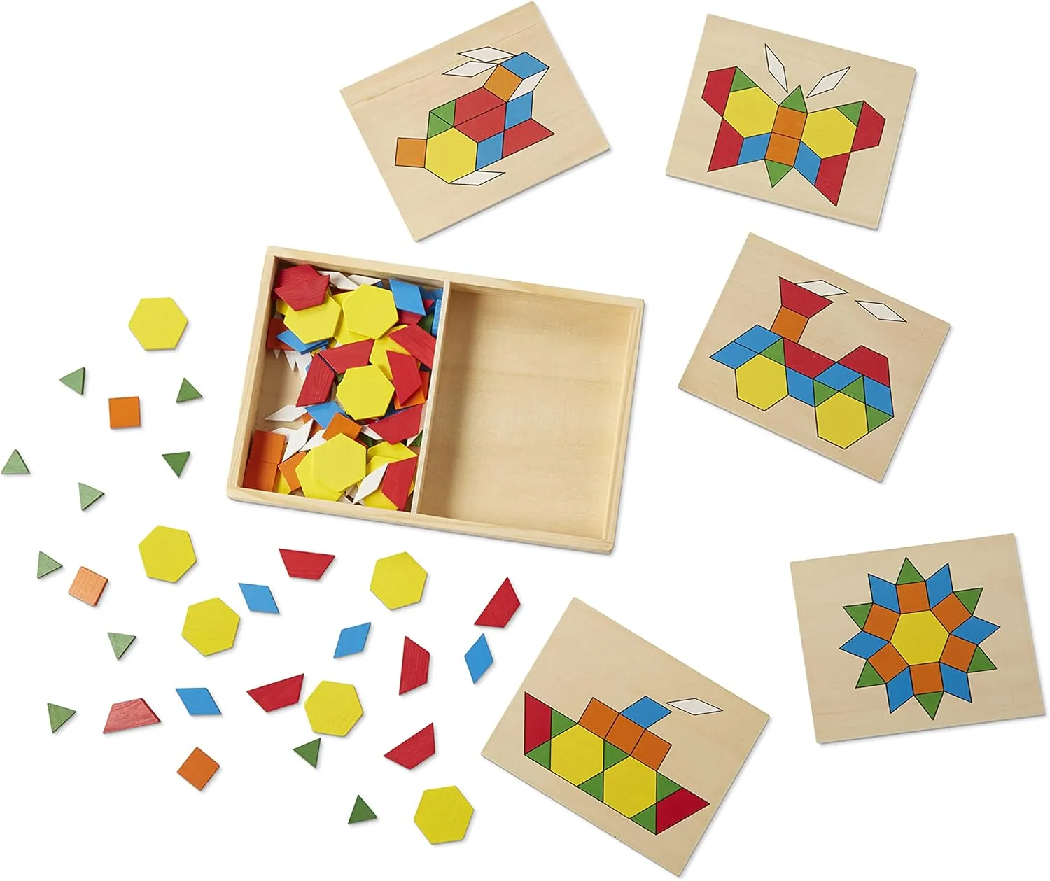 Melissa & Doug Pattern Blocks and Boards - Wooden Classic Toy With 120 Solid Wood Shapes and 5 Double-Sided Panels, Multi-colored - STEAM Animals, Tangrams Puzzle For Kids Ages 3 