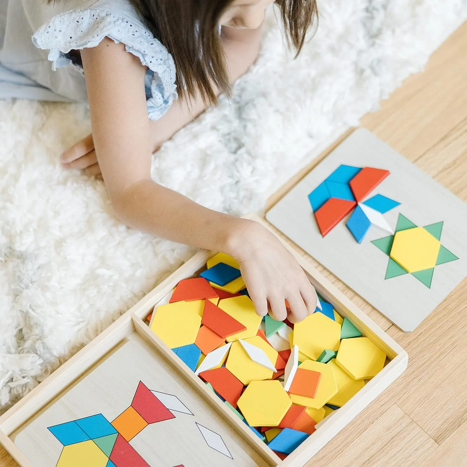 Melissa & Doug Pattern Blocks and Boards - Wooden Classic Toy With 120 Solid Wood Shapes and 5 Double-Sided Panels, Multi-colored - STEAM Animals, Tangrams Puzzle For Kids Ages 3 
