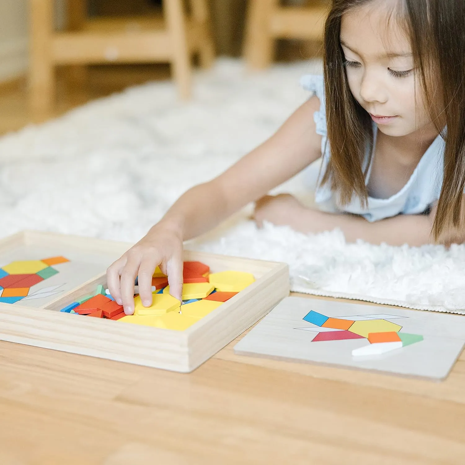 Melissa & Doug Pattern Blocks and Boards - Wooden Classic Toy With 120 Solid Wood Shapes and 5 Double-Sided Panels, Multi-colored - STEAM Animals, Tangrams Puzzle For Kids Ages 3 