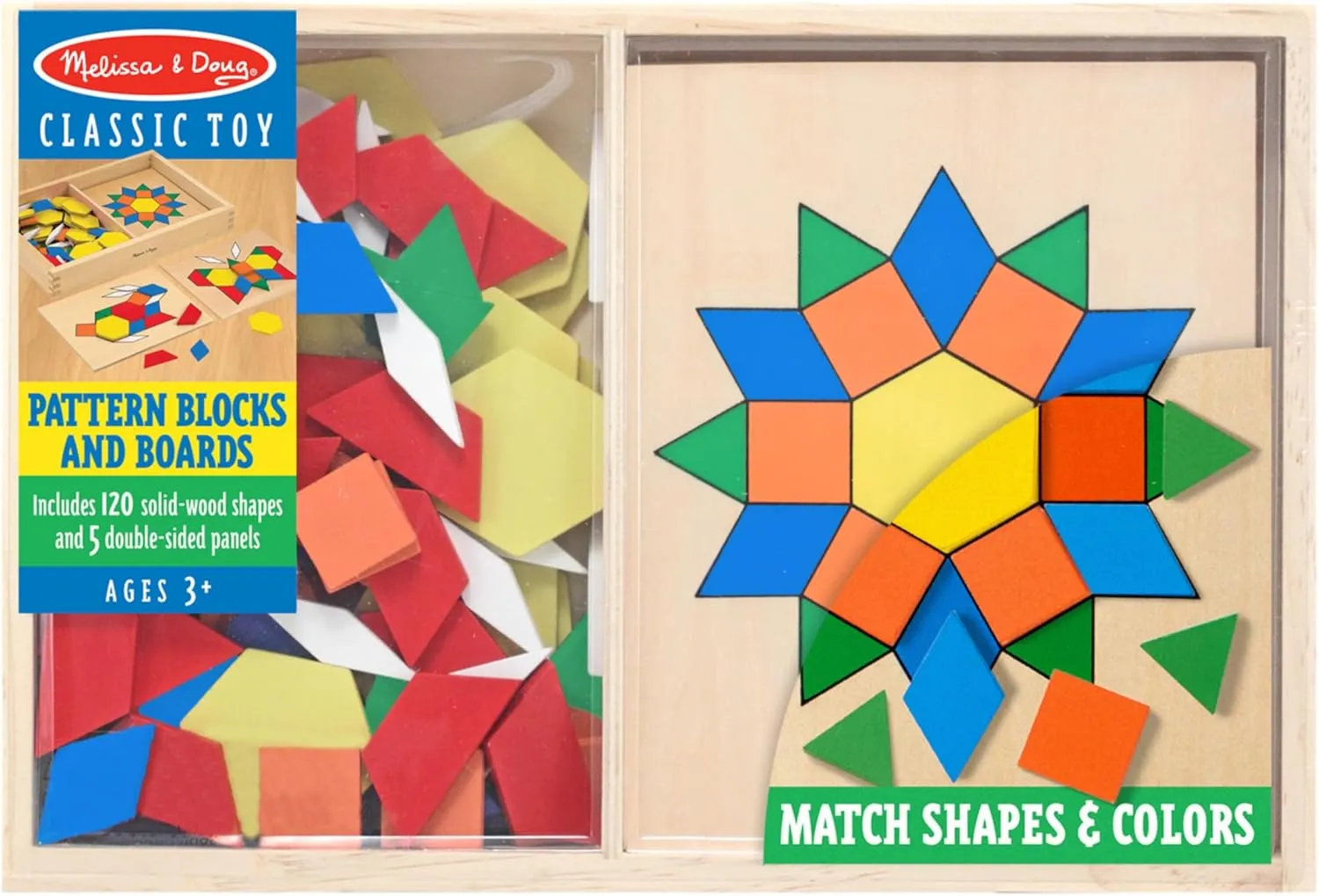 Melissa & Doug Pattern Blocks and Boards - Wooden Classic Toy With 120 Solid Wood Shapes and 5 Double-Sided Panels, Multi-colored - STEAM Animals, Tangrams Puzzle For Kids Ages 3 