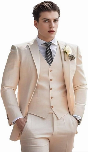 Men's Linen Suit 3 Piece Summer Slim Fit Retro Blazer Suits Set Beach Wedding Party Groomsmen Prom Jacket Vest Pants