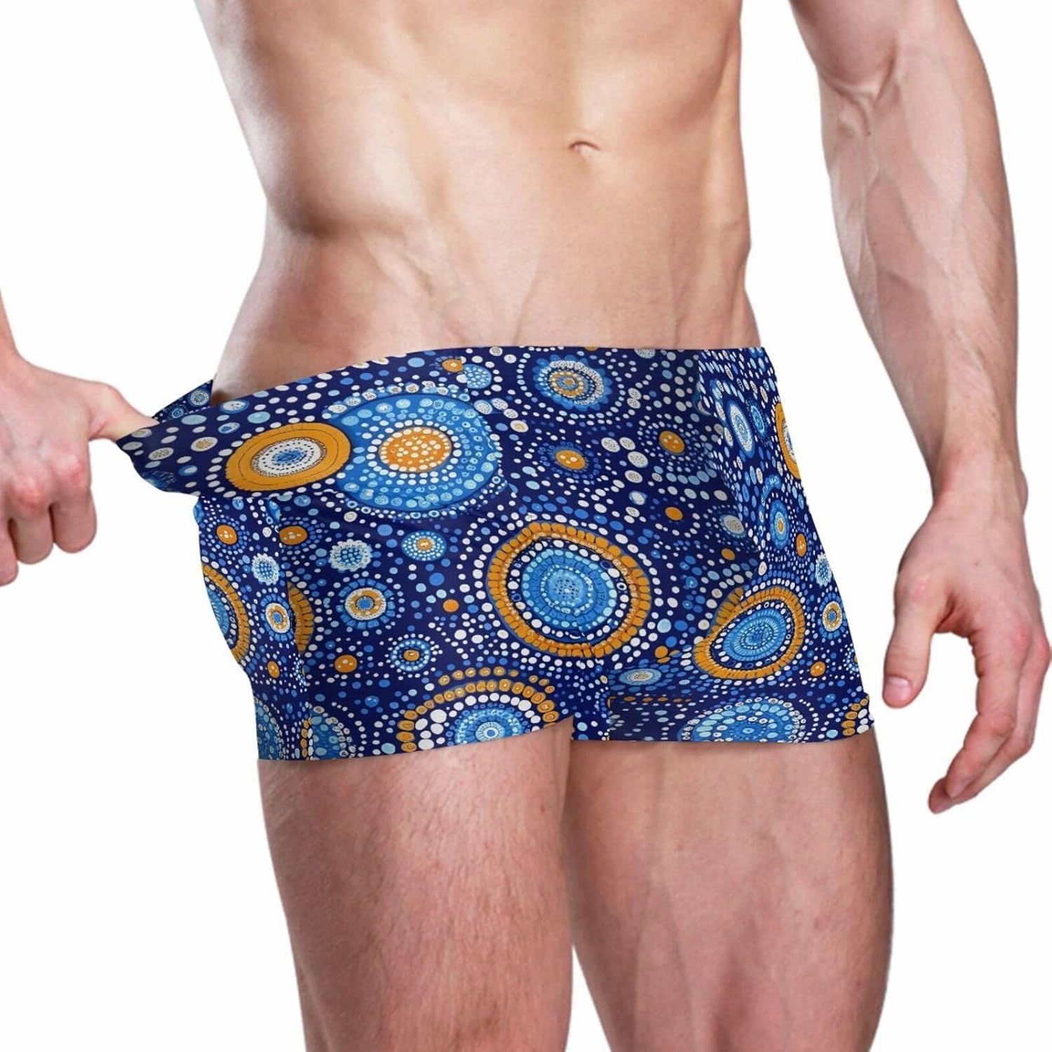 Men’s Square Leg Swim Briefs-Abstract Blue Circle, Athletic Jammers Swimsuit Shorts S