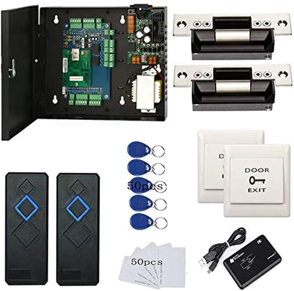 MENGQI-CONTROL 2 Door Access Control Board System 110-240V Power Supply Box North American ANSI Electric Strike Lock RFID Reader Enroll USB Reader RFID Card & Key Fobs,Phone APP Remotely Open Door