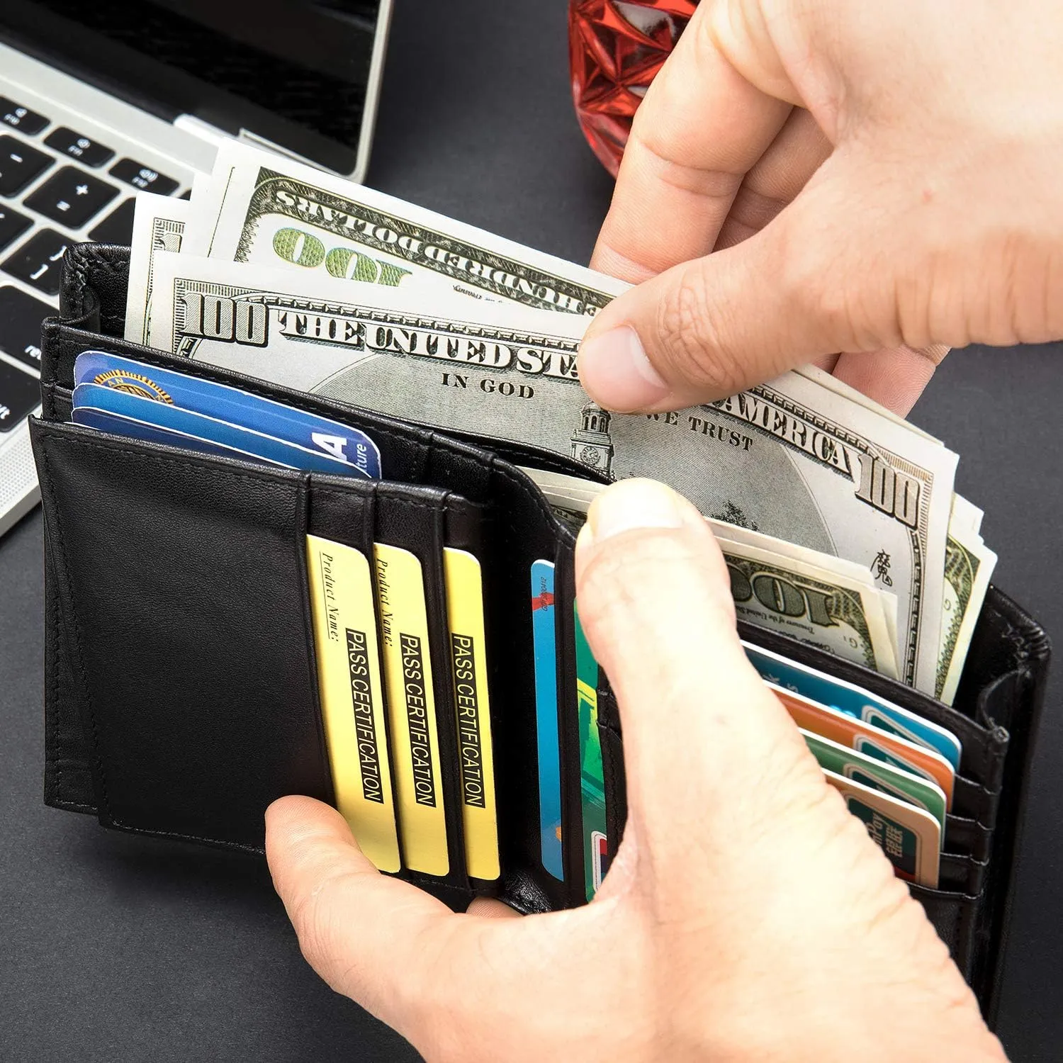 Mens Leather Bifold RFID Vertical Wallet Extra Large Capacity Card Holder with 16 Slots and ID Window
