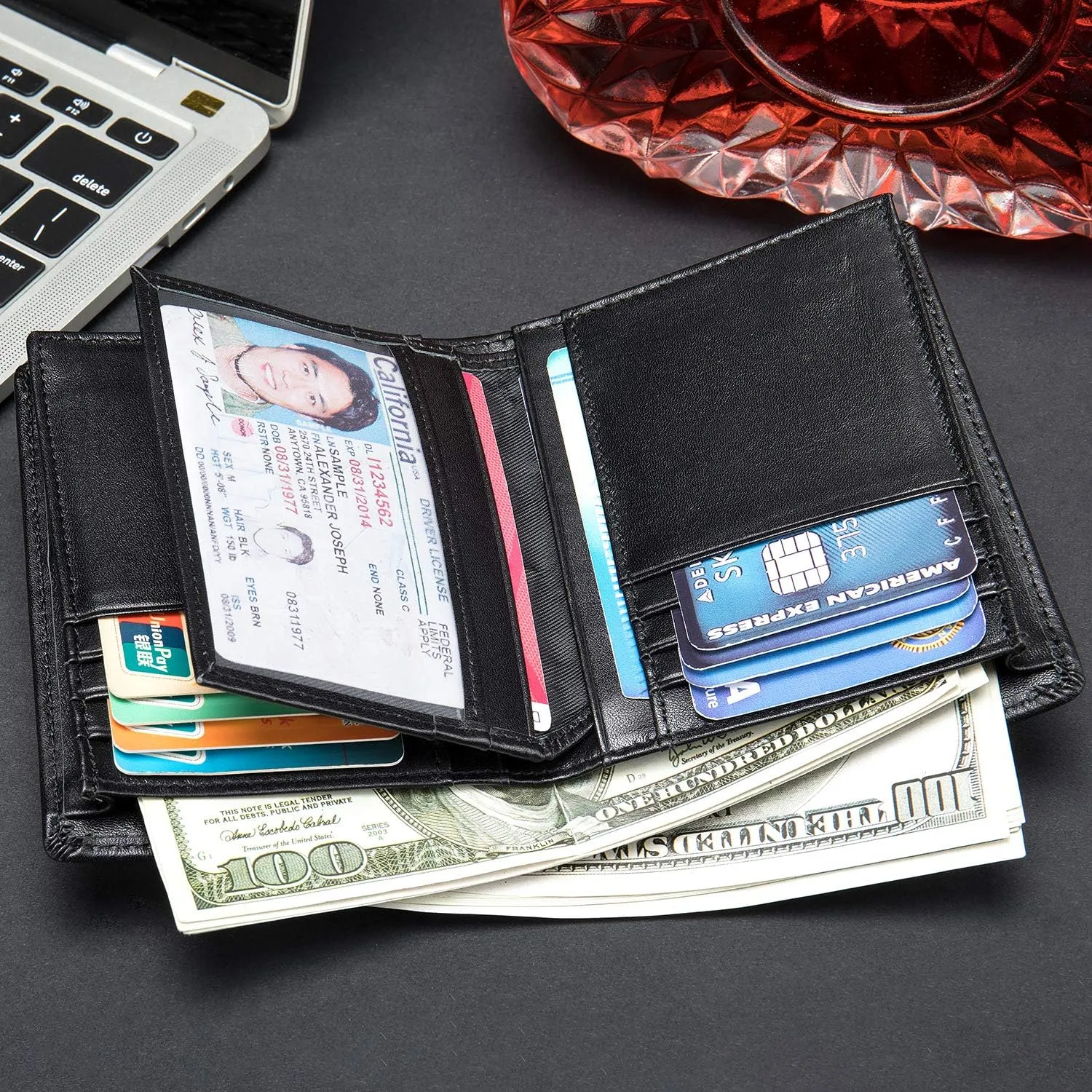 Mens Leather Bifold RFID Vertical Wallet Extra Large Capacity Card Holder with 16 Slots and ID Window