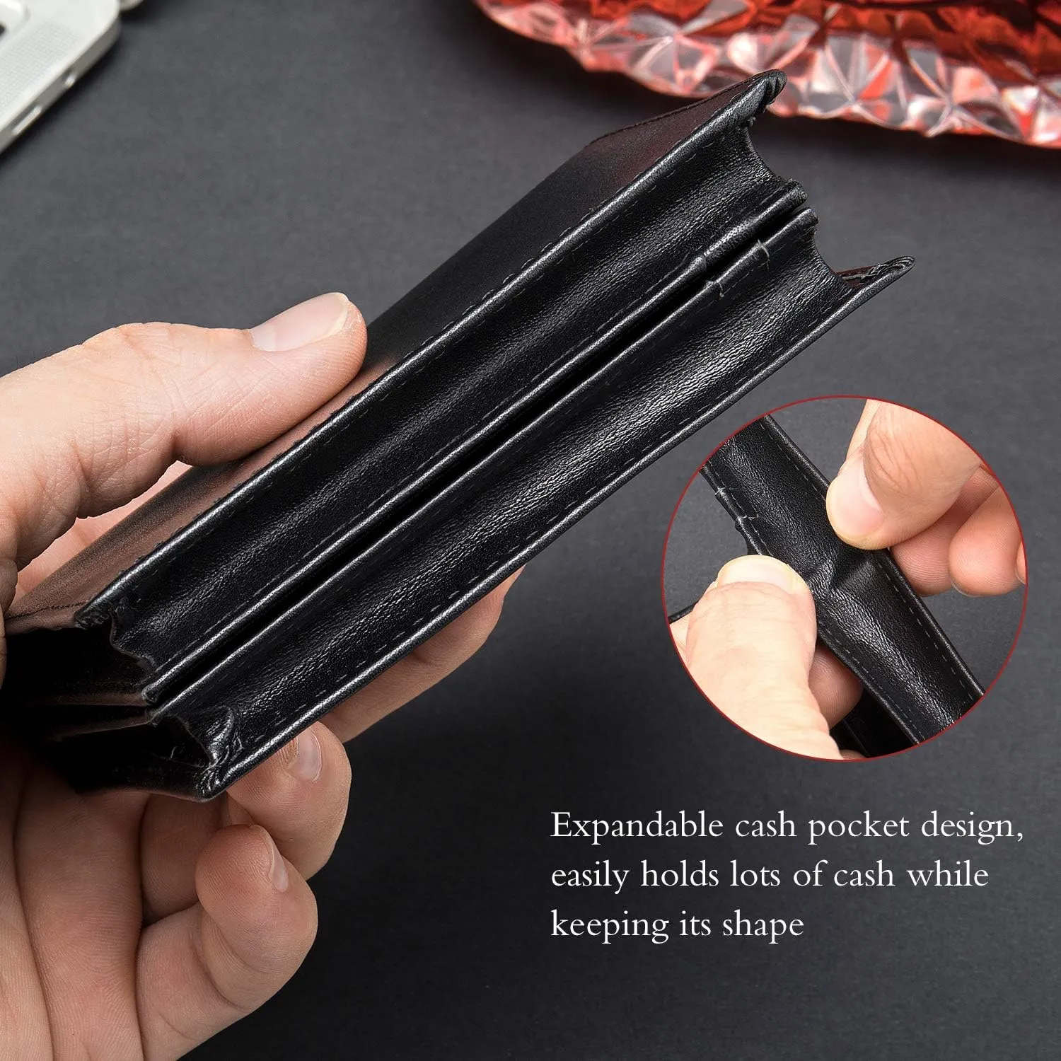 Mens Leather Bifold RFID Vertical Wallet Extra Large Capacity Card Holder with 16 Slots and ID Window