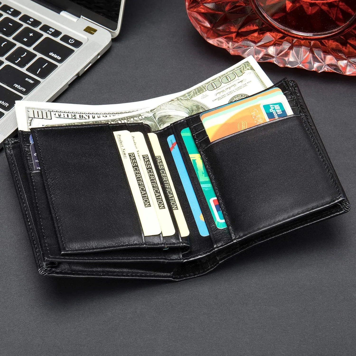 Mens Leather Bifold RFID Vertical Wallet Extra Large Capacity Card Holder with 16 Slots and ID Window