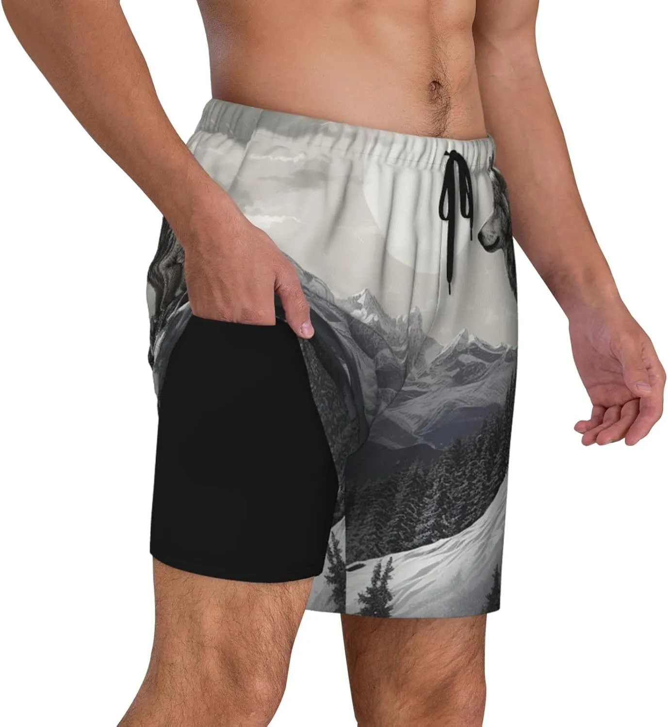 Men's Swim Trunks Quick Dry Board Shorts Drawstring Beach Short Snow Mountain Lone Wolf Bathing Suit for Men