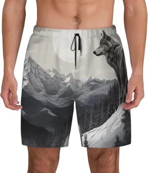 Men's Swim Trunks Quick Dry Board Shorts Drawstring Beach Short Snow Mountain Lone Wolf Bathing Suit for Men