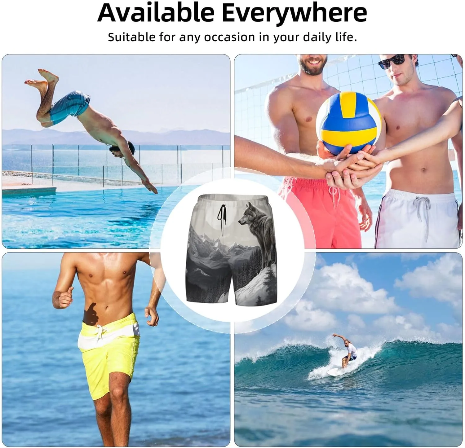 Men's Swim Trunks Quick Dry Board Shorts Drawstring Beach Short Snow Mountain Lone Wolf Bathing Suit for Men