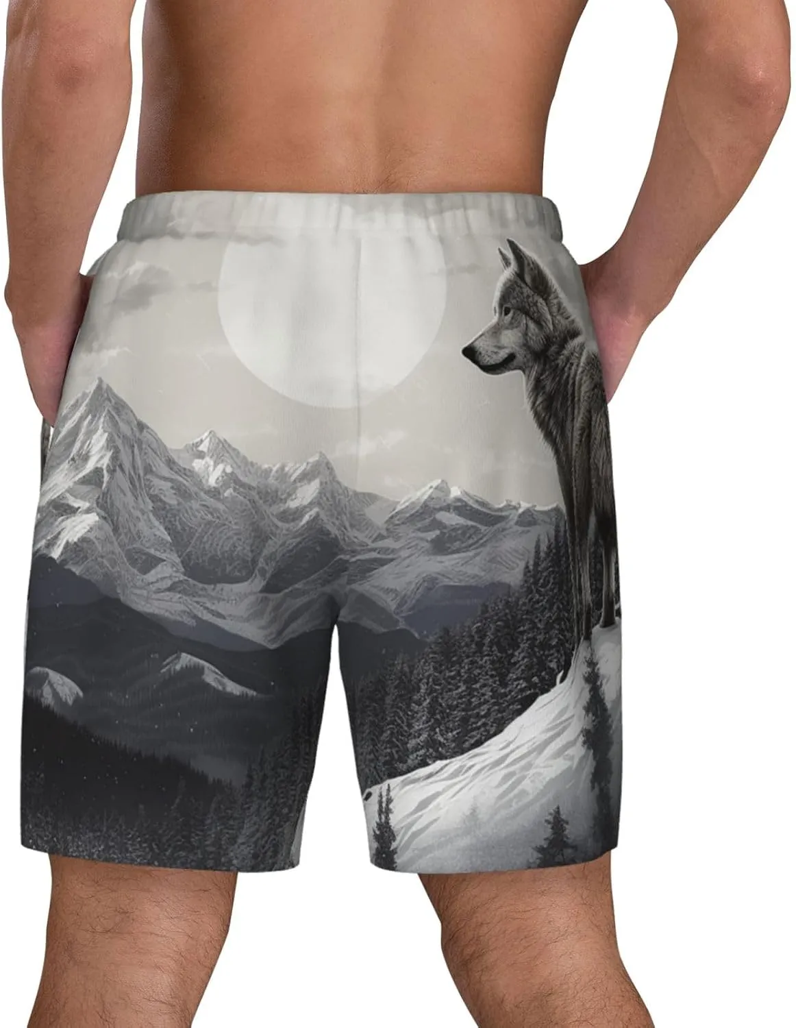 Men's Swim Trunks Quick Dry Board Shorts Drawstring Beach Short Snow Mountain Lone Wolf Bathing Suit for Men