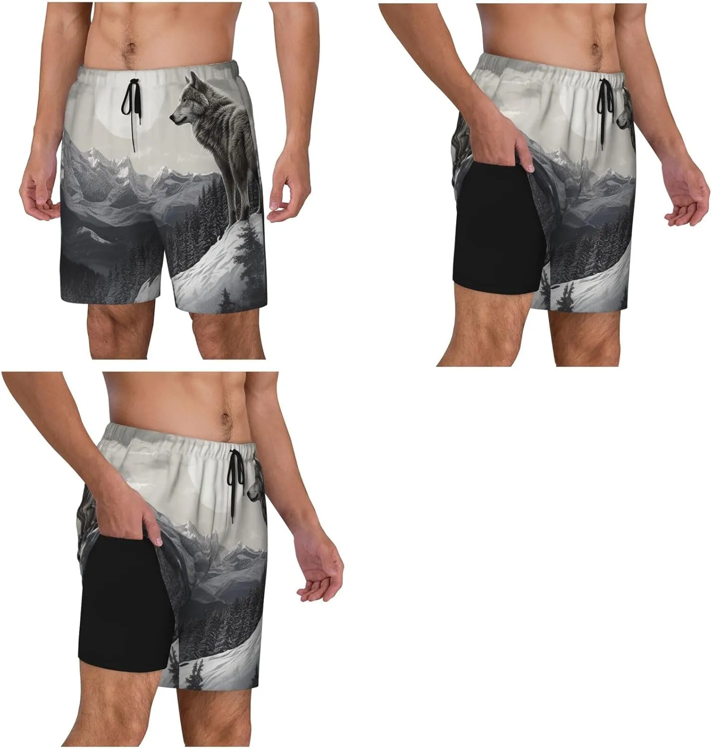 Men's Swim Trunks Quick Dry Board Shorts Drawstring Beach Short Snow Mountain Lone Wolf Bathing Suit for Men