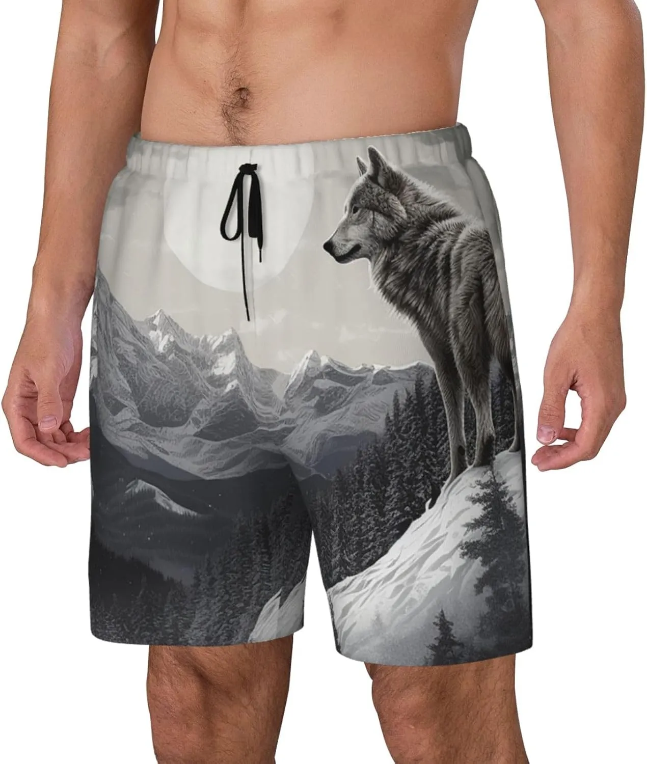 Men's Swim Trunks Quick Dry Board Shorts Drawstring Beach Short Snow Mountain Lone Wolf Bathing Suit for Men