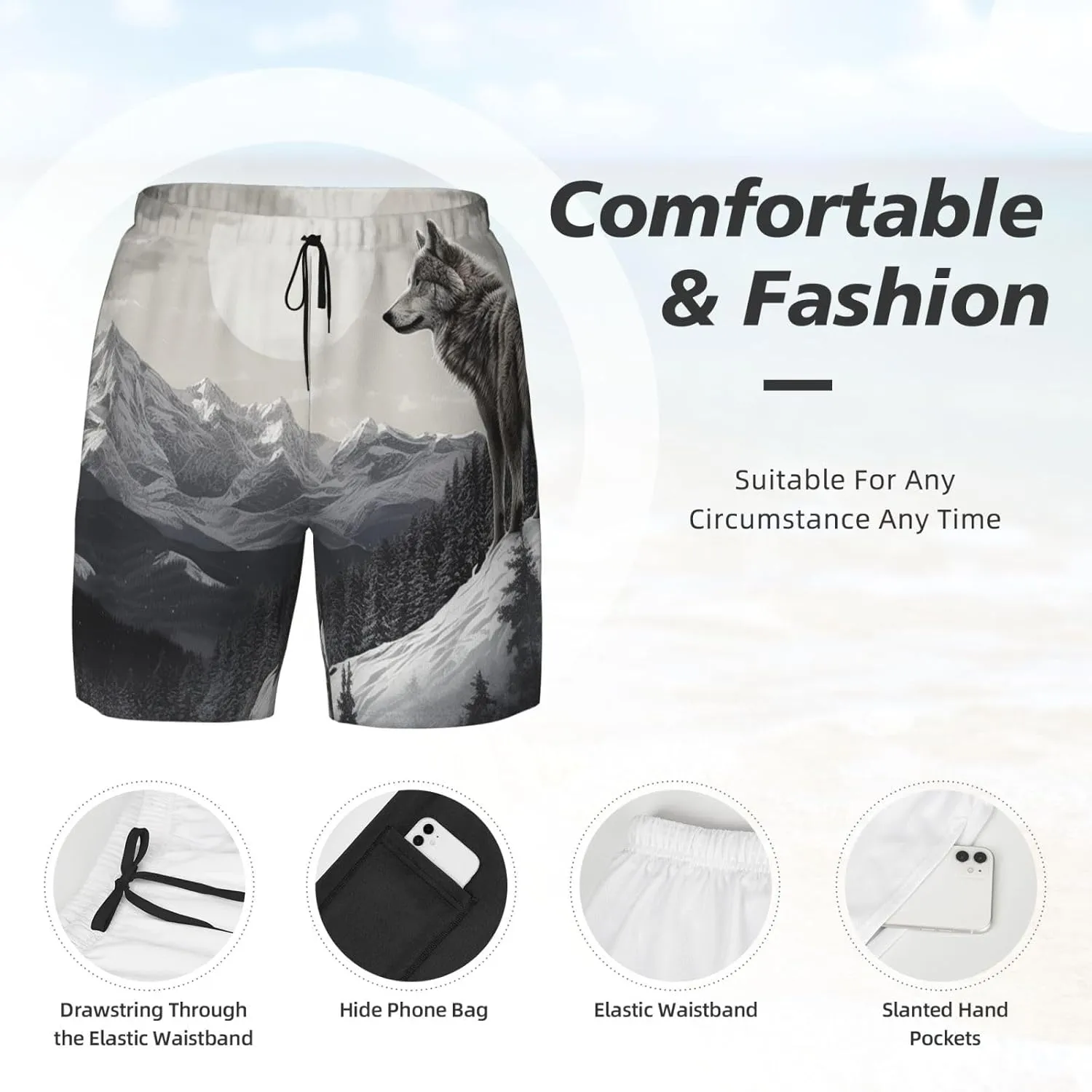 Men's Swim Trunks Quick Dry Board Shorts Drawstring Beach Short Snow Mountain Lone Wolf Bathing Suit for Men
