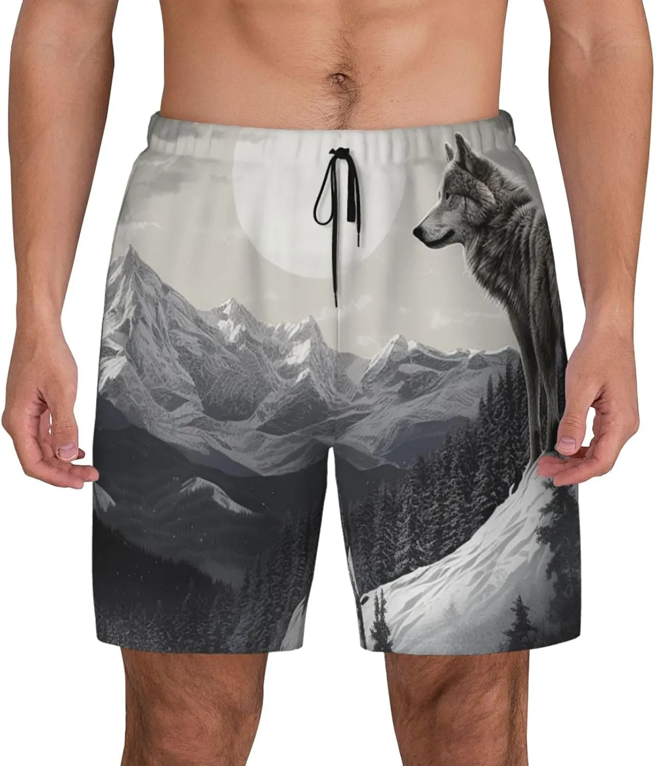 Men's Swim Trunks Quick Dry Board Shorts Drawstring Beach Short Snow Mountain Lone Wolf Bathing Suit for Men