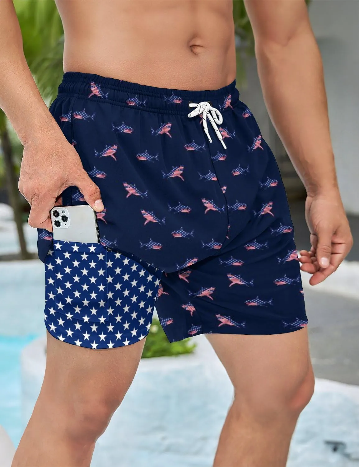 Men's Swim Trunks with Compression Liner 5" Inseam Mens Quick Dry Board Shorts with 4 Pockets for Beach Vacation