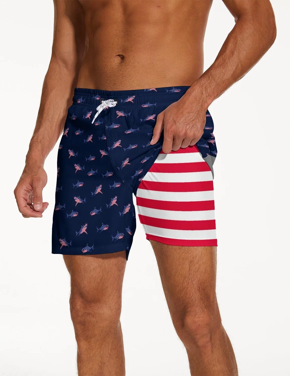 Men's Swim Trunks with Compression Liner 5" Inseam Mens Quick Dry Board Shorts with 4 Pockets for Beach Vacation