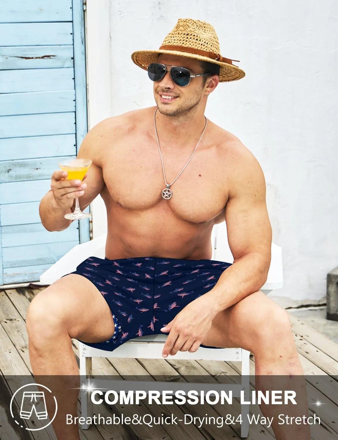 Men's Swim Trunks with Compression Liner 5" Inseam Mens Quick Dry Board Shorts with 4 Pockets for Beach Vacation