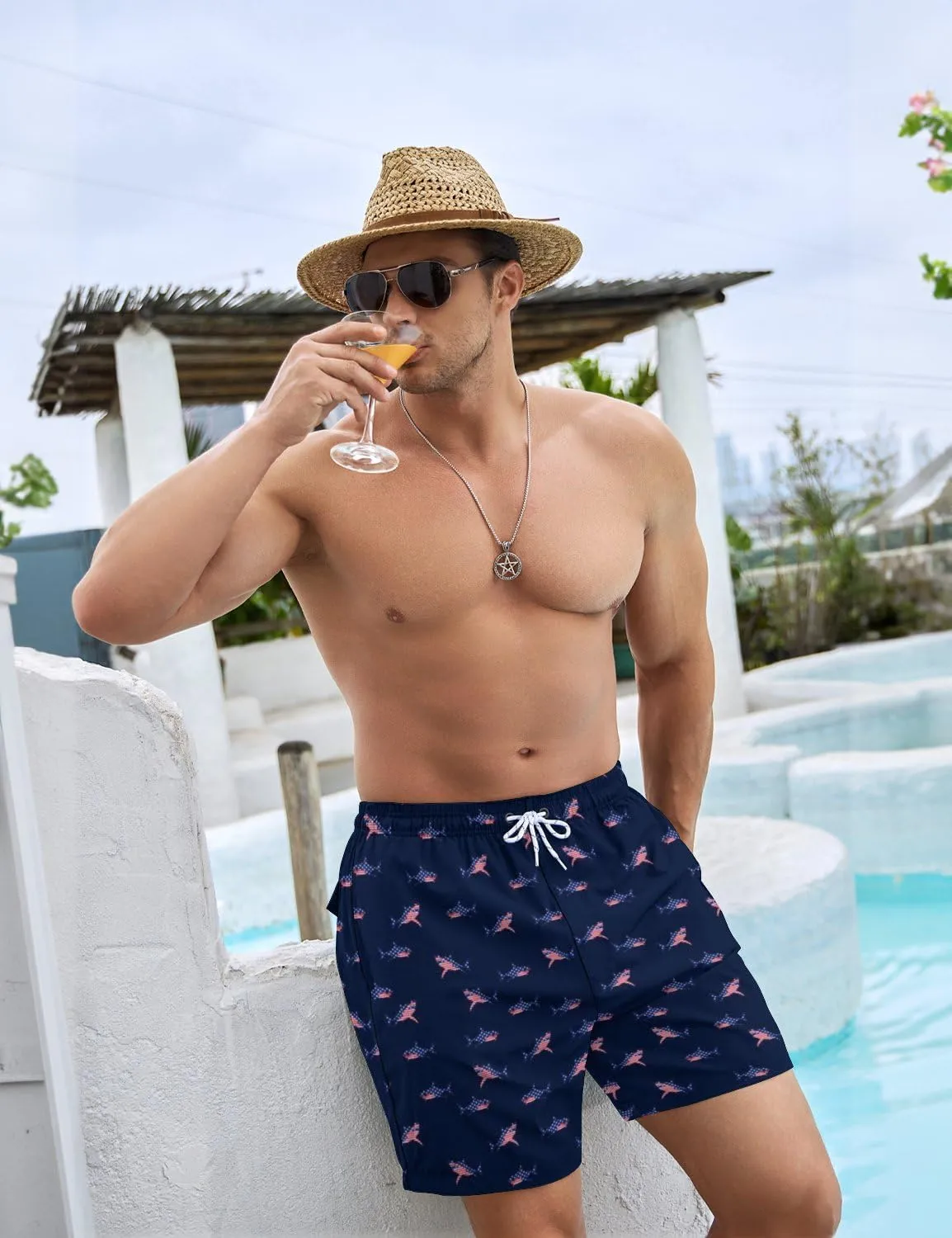 Men's Swim Trunks with Compression Liner 5" Inseam Mens Quick Dry Board Shorts with 4 Pockets for Beach Vacation