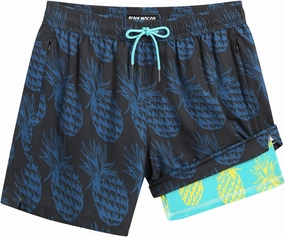 Mens 5" Swim Trunks with Compression Liner, Quick Dry Stretch Beach Shorts w/Zipper Pockets Board Shorts