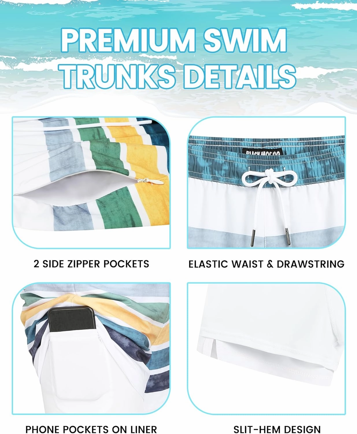 Mens 5" Swim Trunks with Compression Liner, Quick Dry Stretch Beach Shorts w/Zipper Pockets Board Shorts