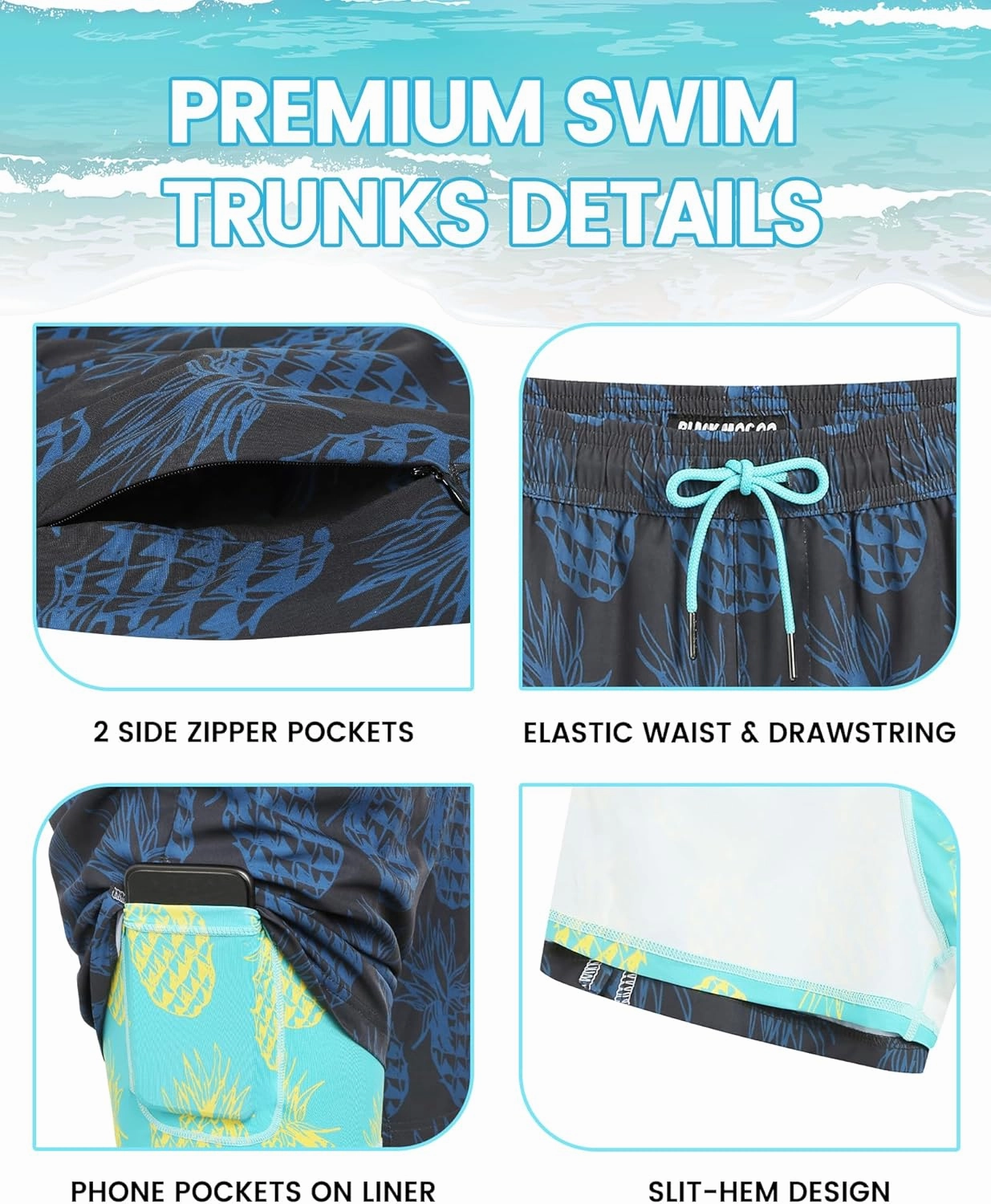Mens 5" Swim Trunks with Compression Liner, Quick Dry Stretch Beach Shorts w/Zipper Pockets Board Shorts