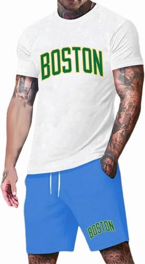 Mens City Letter print T Shirt Shorts Vacation Wear Breathable Business Casual Fitness Two Piece Set