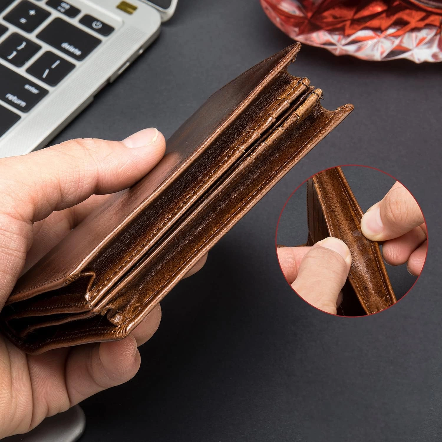 Mens Leather Bifold RFID Vertical Wallet Extra Large Capacity Card Holder with 16 Slots and ID Window