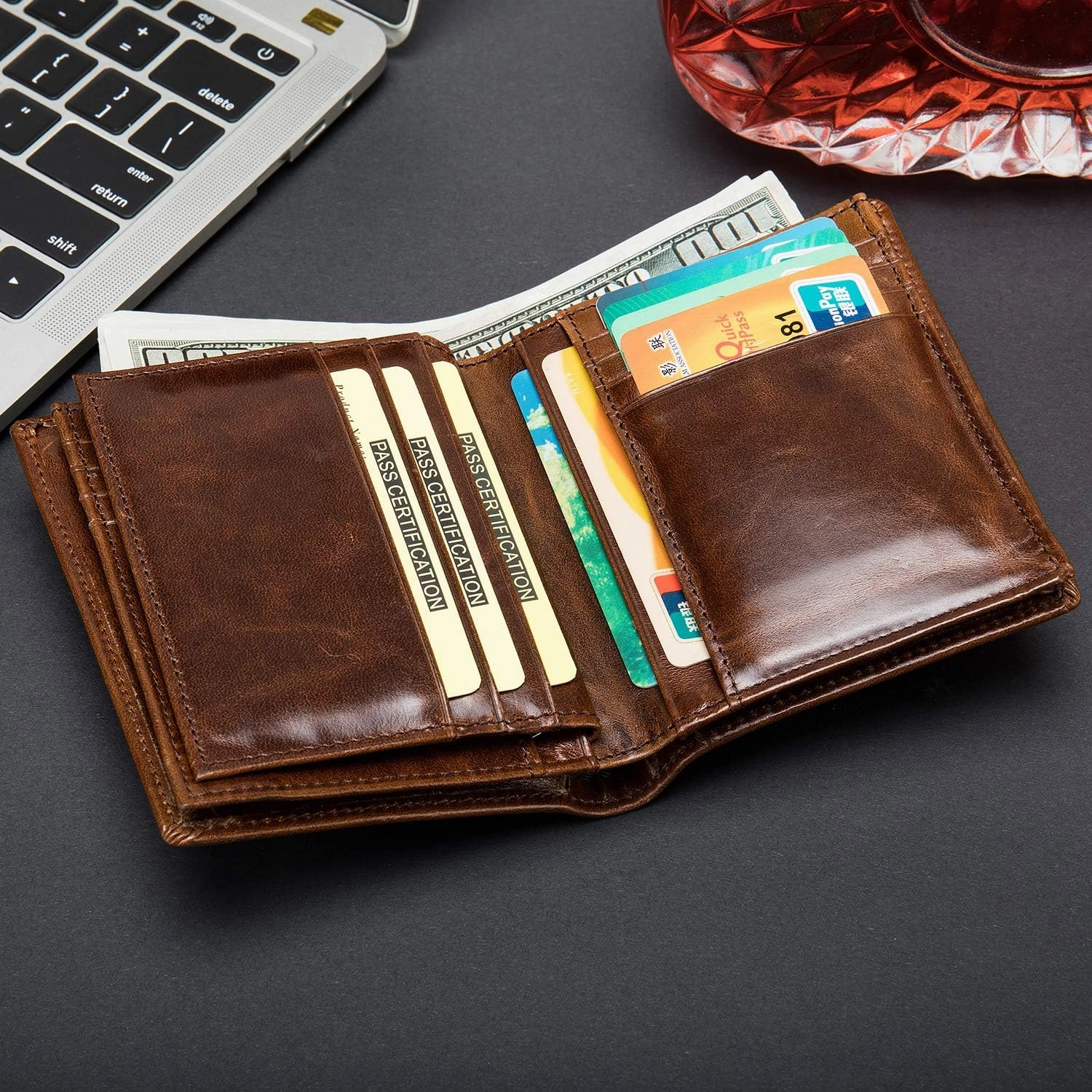 Mens Leather Bifold RFID Vertical Wallet Extra Large Capacity Card Holder with 16 Slots and ID Window