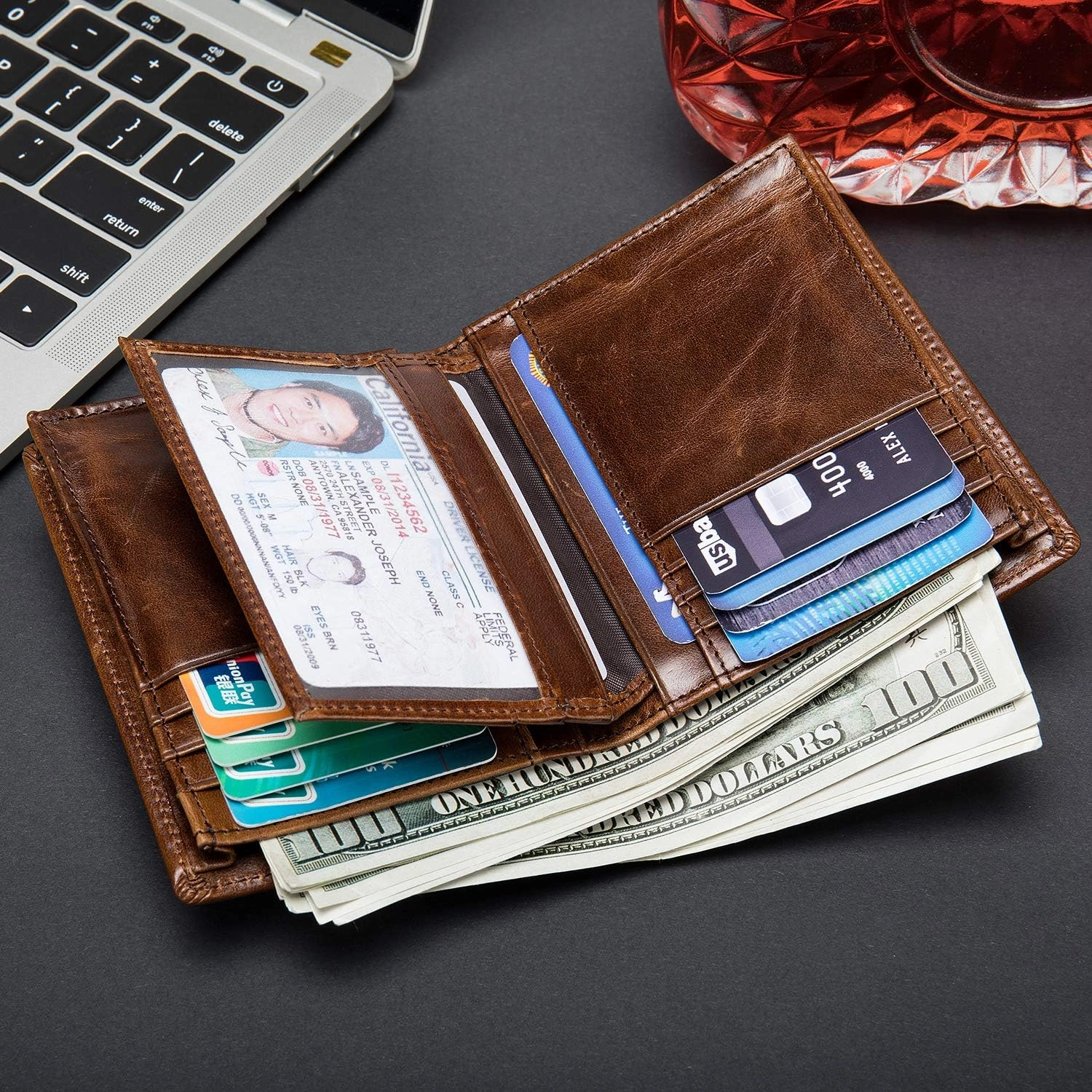 Mens Leather Bifold RFID Vertical Wallet Extra Large Capacity Card Holder with 16 Slots and ID Window