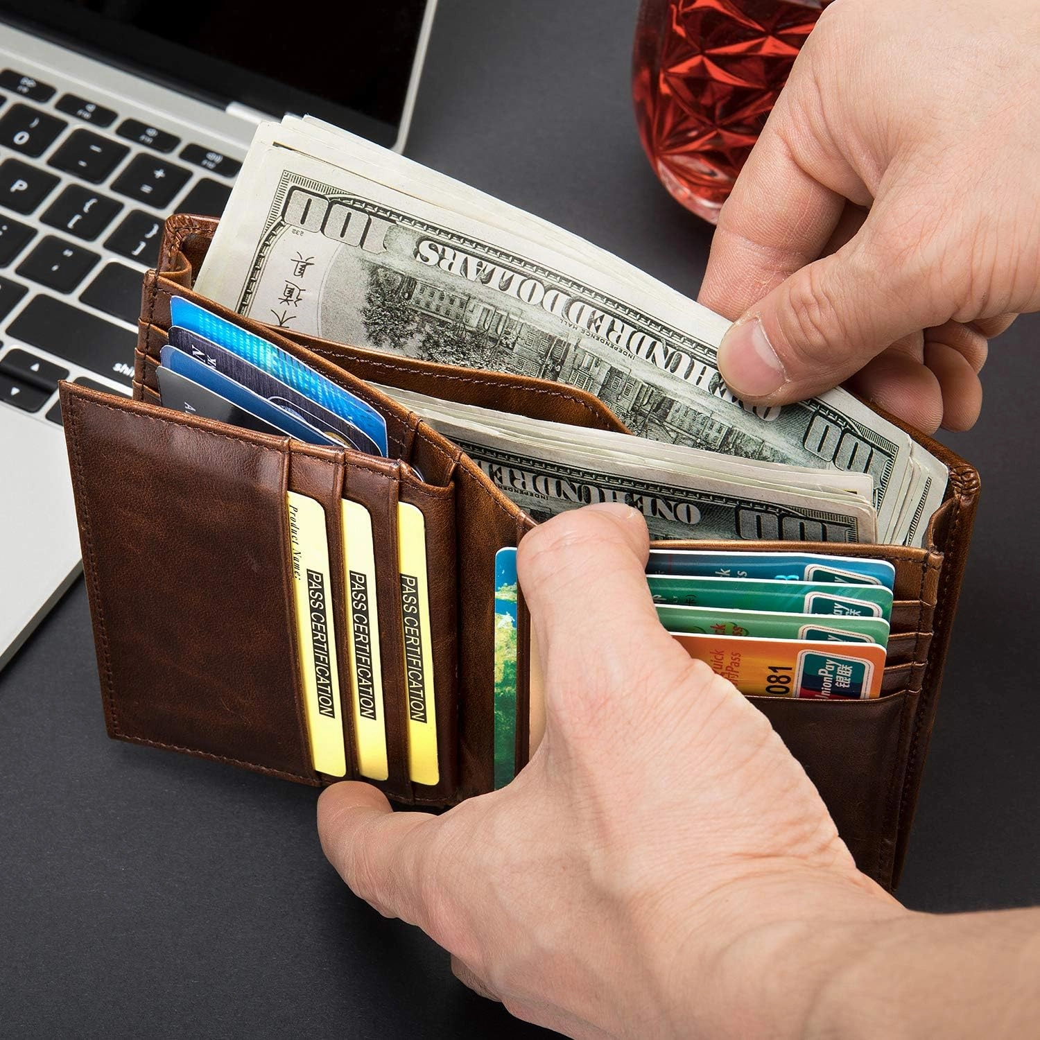 Mens Leather Bifold RFID Vertical Wallet Extra Large Capacity Card Holder with 16 Slots and ID Window