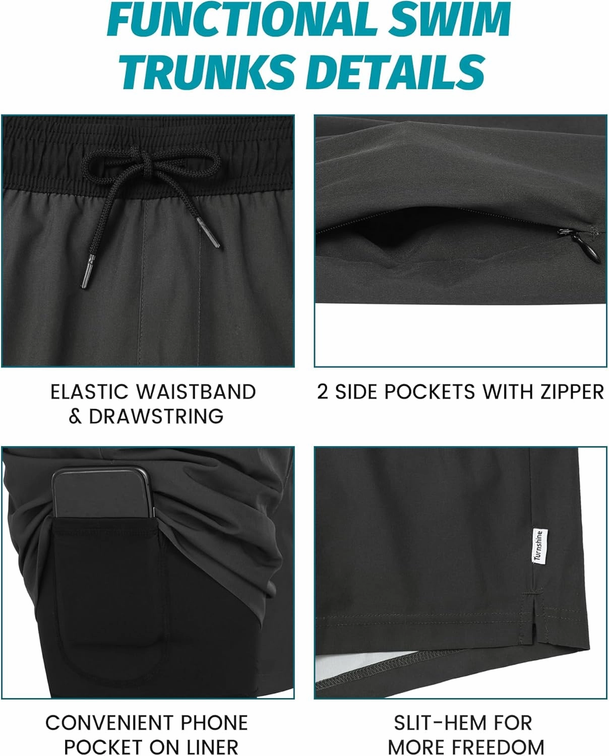 Mens Swim Trunks with Compression Liner 5" Stretch Beach Shorts Quick Dry Bathing Suit Board Shorts Zipper Pockets