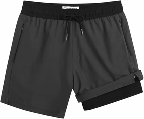 Mens Swim Trunks with Compression Liner 5" Stretch Beach Shorts Quick Dry Bathing Suit Board Shorts Zipper Pockets