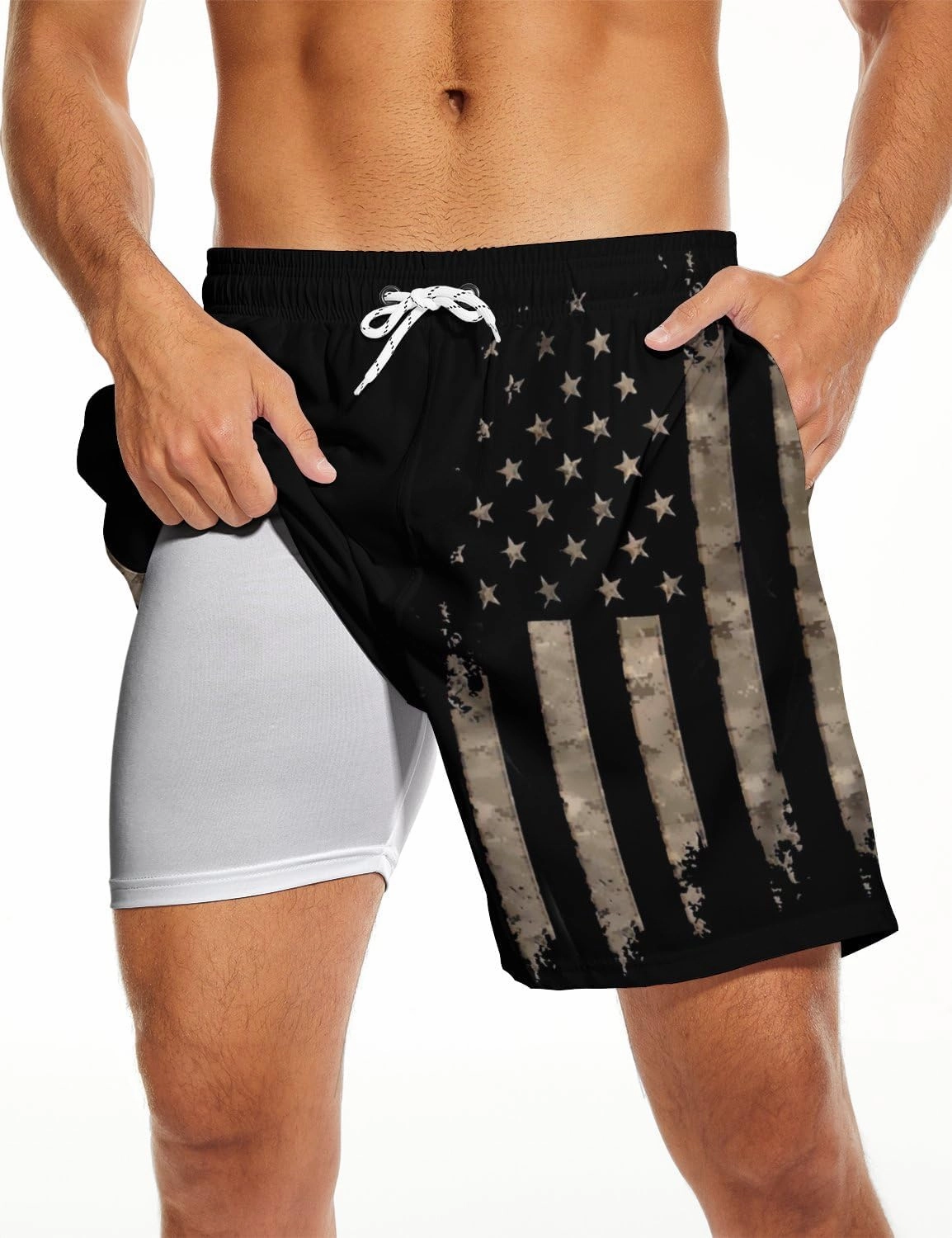 Mens Swim Trunks with Compression Liner 7 Inch Board Shorts Men Bathing Suit 2 in 1 Quick Dry Beach Swimsuits