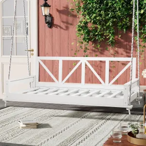 Merax Acacia Wood Twin Size Patio Swing Bed, Modern Porch Swing Hanging Bed Frame with 16.4ft Hemp Ropes for Garden, Backyard, White