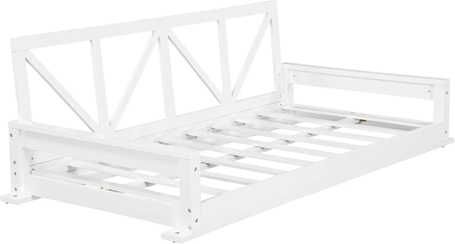 Merax Acacia Wood Twin Size Patio Swing Bed, Modern Porch Swing Hanging Bed Frame with 16.4ft Hemp Ropes for Garden, Backyard, White