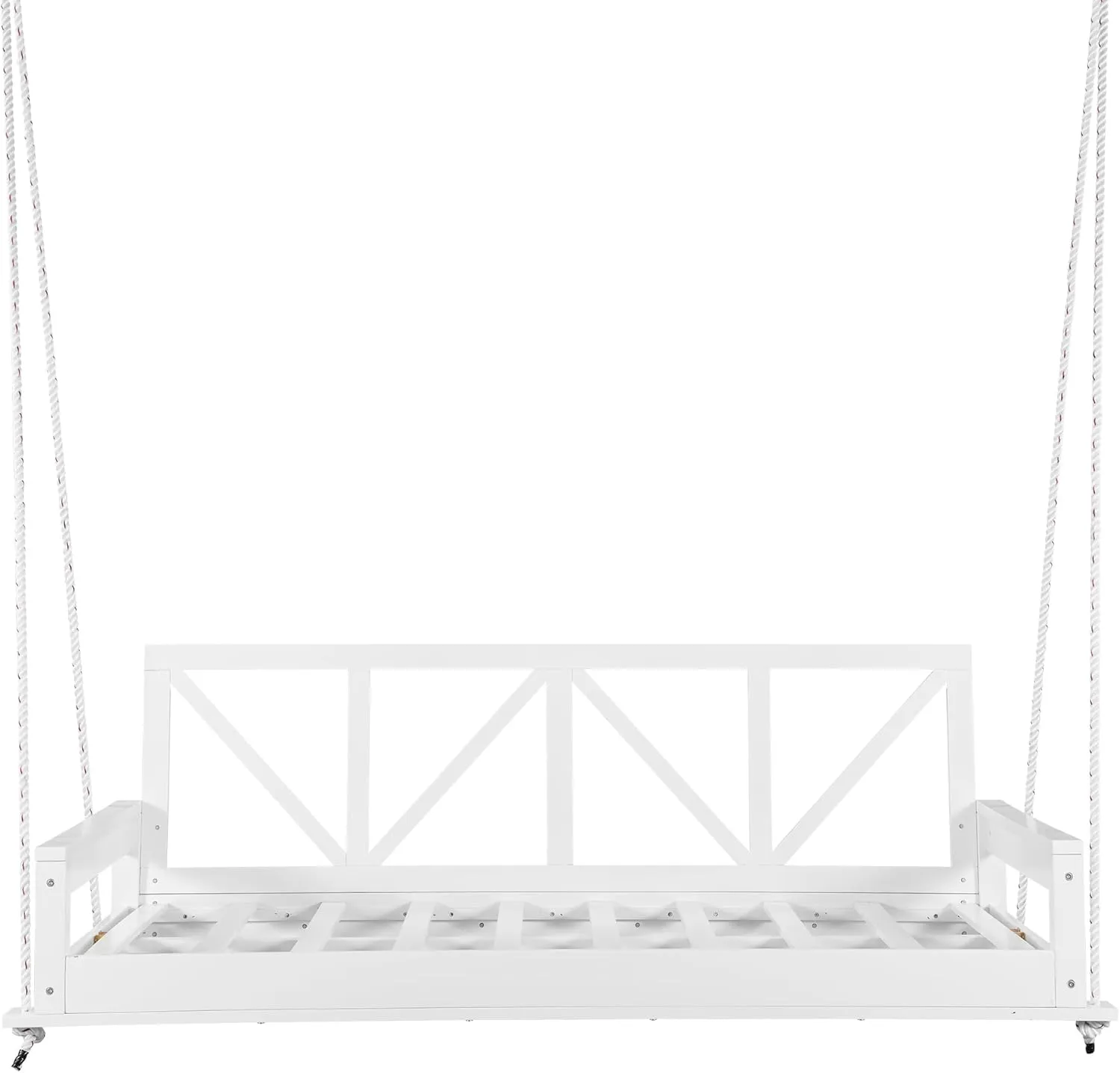 Merax Acacia Wood Twin Size Patio Swing Bed, Modern Porch Swing Hanging Bed Frame with 16.4ft Hemp Ropes for Garden, Backyard, White
