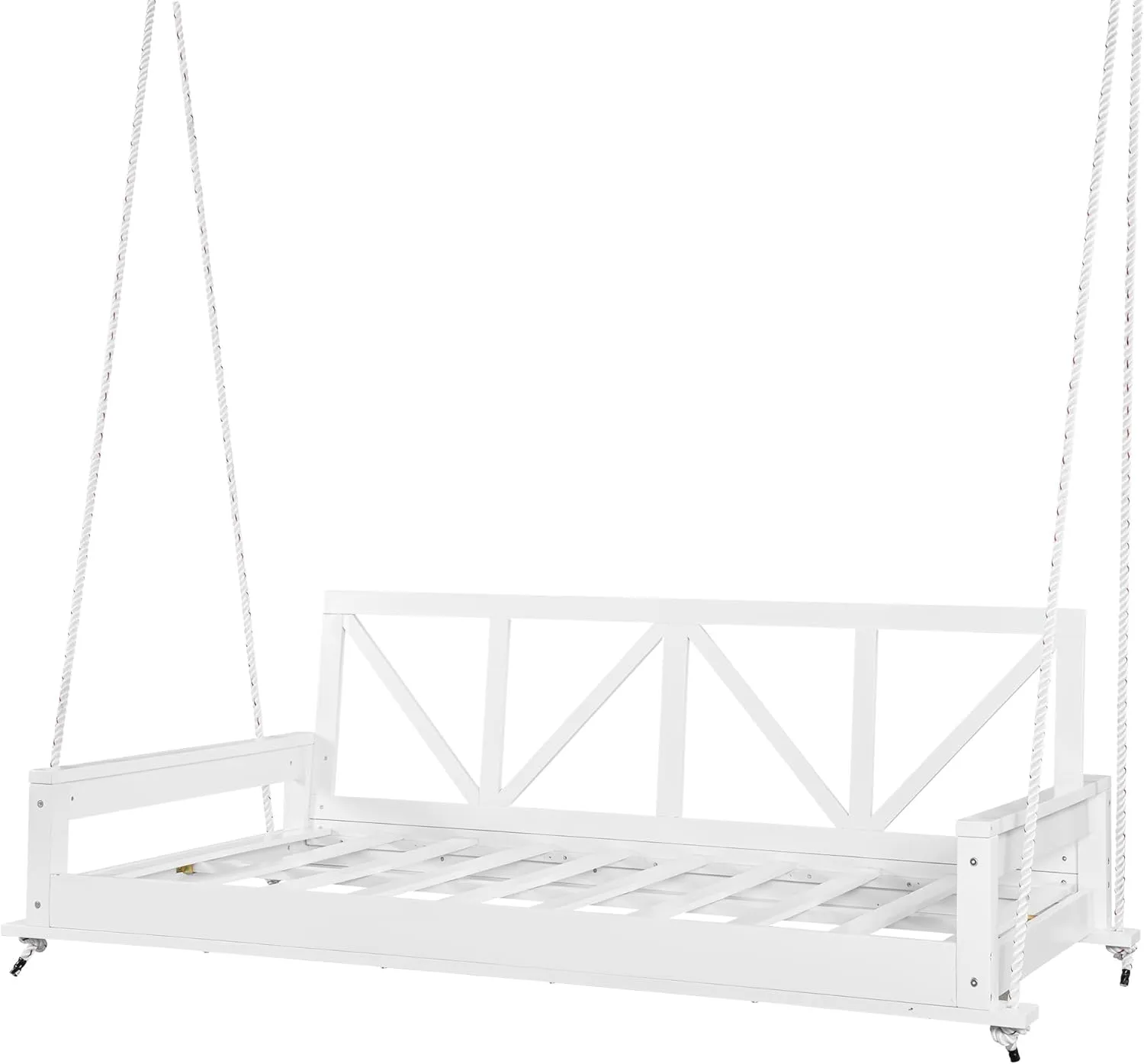Merax Acacia Wood Twin Size Patio Swing Bed, Modern Porch Swing Hanging Bed Frame with 16.4ft Hemp Ropes for Garden, Backyard, White