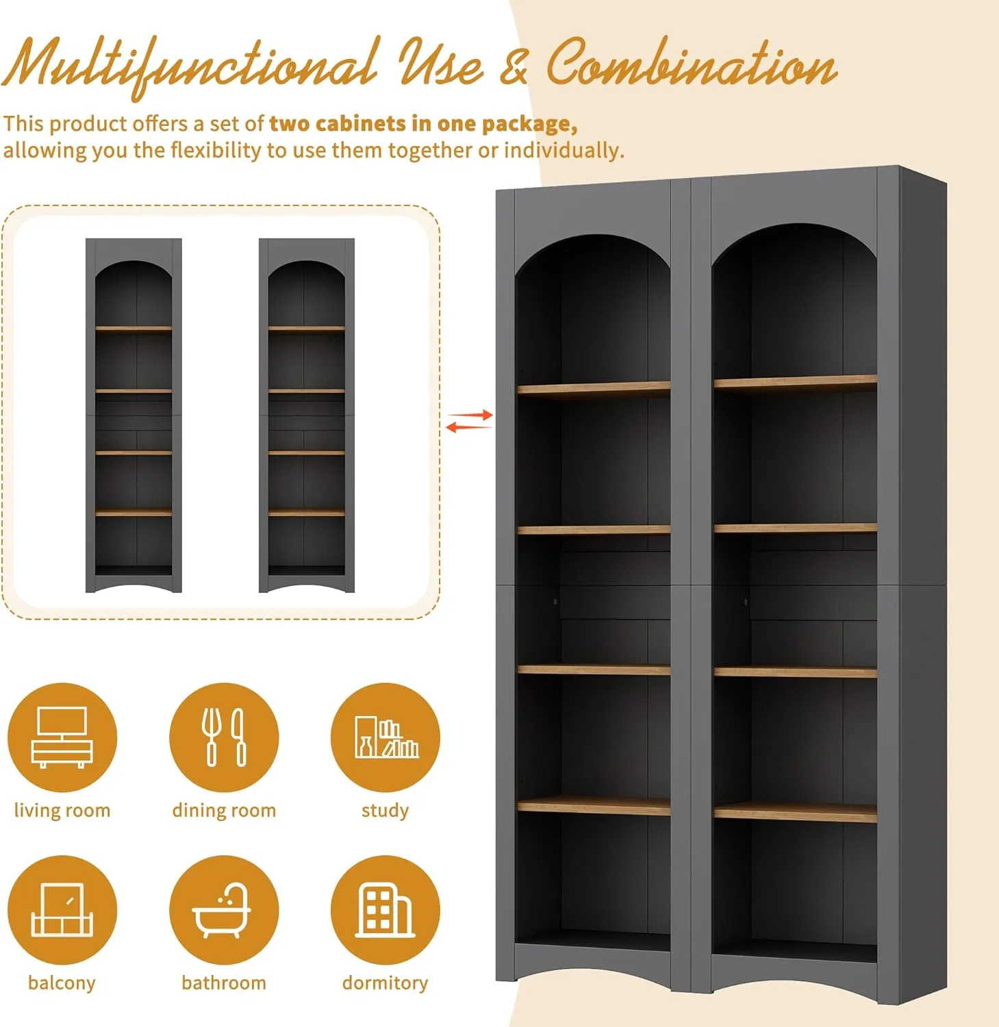 Merax Modern Wood 5 Tier Bookshelves, Bookcases Set of 2, Farmhouse Two-Tone Storage Cabinet with Adjustable Shelves, 72" H Kitchen Pantry Cabinets for Living Room, Home Office, Gray