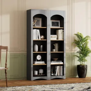 Merax Modern Wood 5 Tier Bookshelves, Bookcases Set of 2, Farmhouse Two-Tone Storage Cabinet with Adjustable Shelves, 72" H Kitchen Pantry Cabinets for Living Room, Home Office, Gray