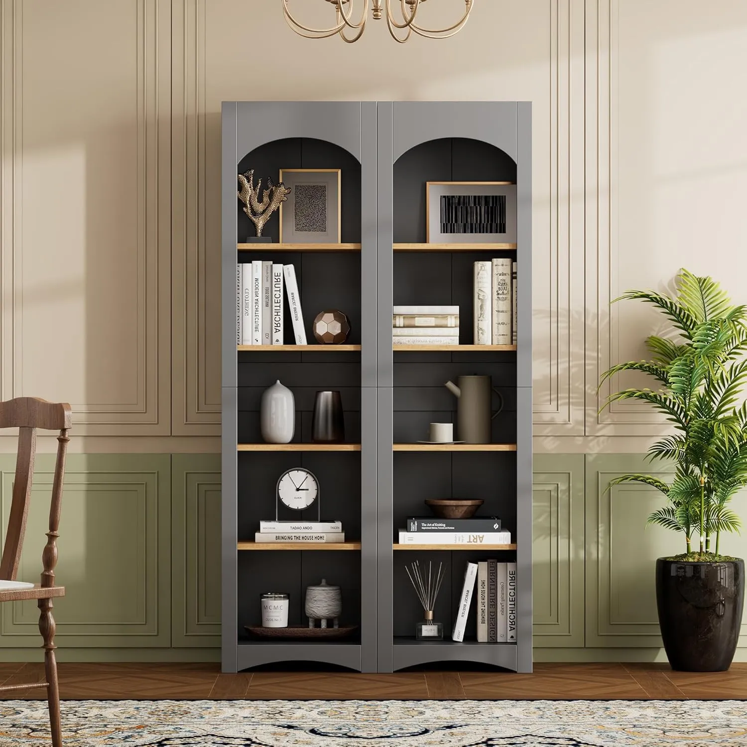 Merax Modern Wood 5 Tier Bookshelves, Bookcases Set of 2, Farmhouse Two-Tone Storage Cabinet with Adjustable Shelves, 72" H Kitchen Pantry Cabinets for Living Room, Home Office, Gray
